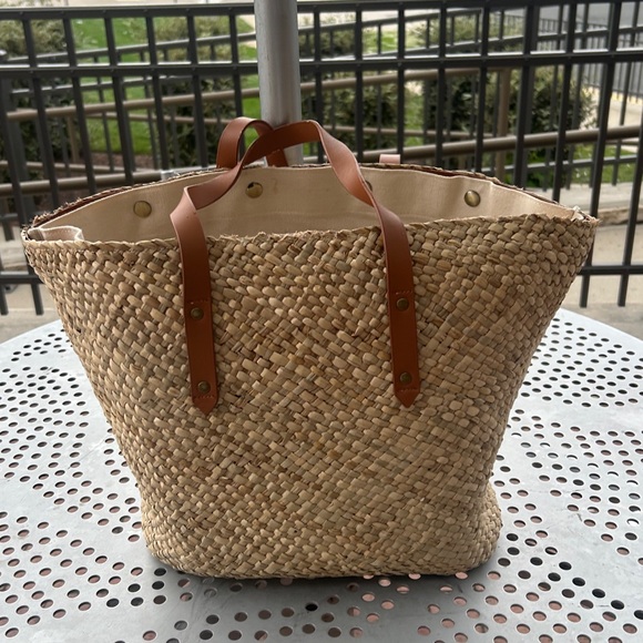Woven Straw Tote Bag with Brown Handles - Picture 1 of 1